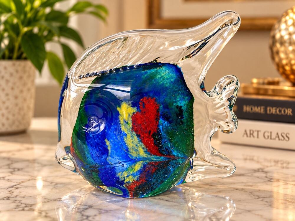 hand-blown art glass fish sculpture and paperweight encased in clear glass